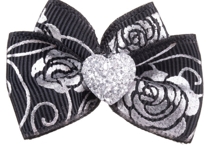 Blovi Bow Glamour Rose-Themed Satin Grooming Bow with Silver Ribbon Accent