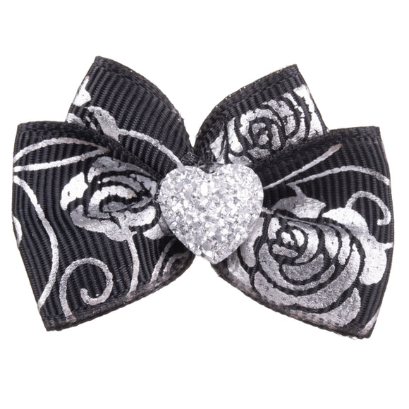 Blovi Bow Glamour Rose-Themed Satin Grooming Bow with Silver Ribbon Accent