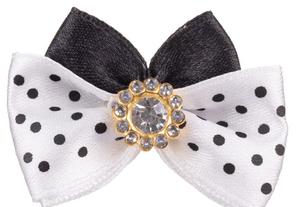 Blovi Bow Glamour Polka Dot Satin Grooming Bow – White with Decorative Stone Accent