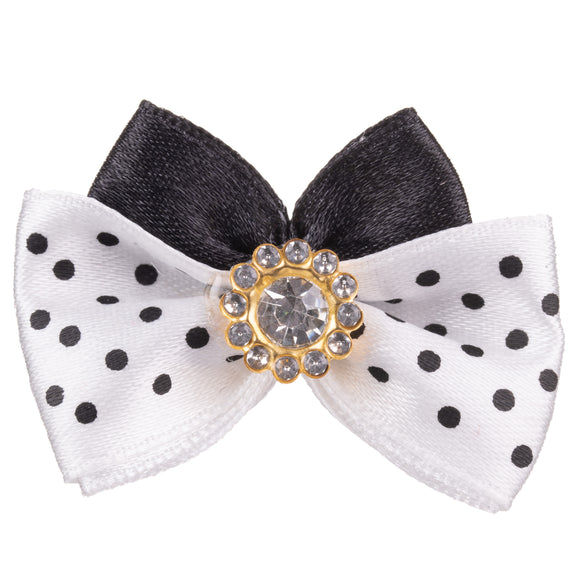 Blovi Bow Glamour Polka Dot Satin Grooming Bow – White with Decorative Stone Accent