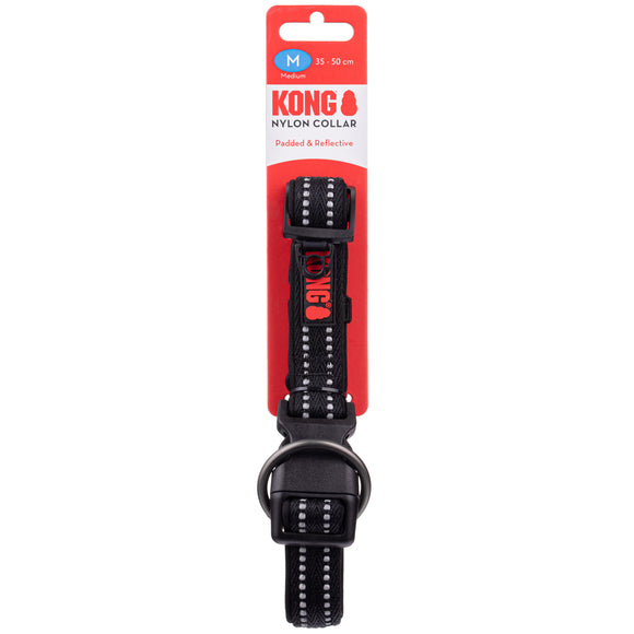 KONG Nylon Collar Black – Reflective Stitching, Medium Size, Durable and Adjustable Design