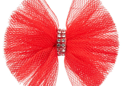 Blovi Red Tulle Grooming Bow with Rhinestones – Elegant Decorative Accessory