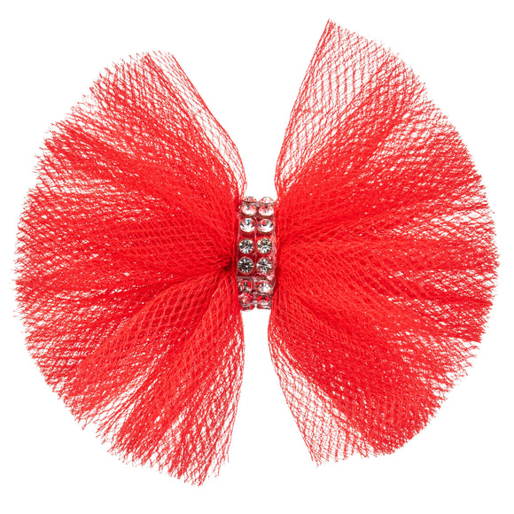 Blovi Red Tulle Grooming Bow with Rhinestones – Elegant Decorative Accessory