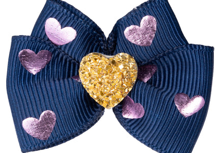 Blovi Bow Glamour Colorful Grooming Bow – White with Gold Heart Accent, Decorative Touch
