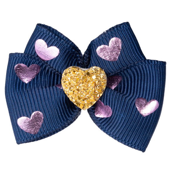 Blovi Bow Glamour Colorful Grooming Bow – White with Gold Heart Accent, Decorative Touch