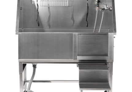 Blovi Free Standing Stainless Bath – Steel Grooming Bathtub with Steps and Right Sliding Door