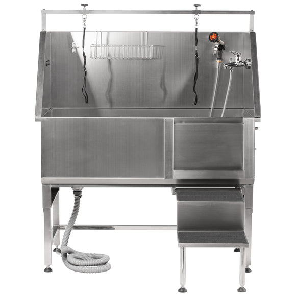 Blovi Free Standing Stainless Bath – Steel Grooming Bathtub with Steps and Right Sliding Door