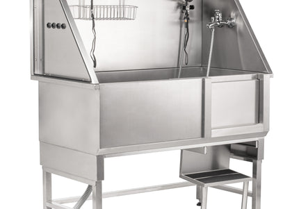 Blovi Free Standing Stainless Bath – Steel Grooming Bathtub with Steps and Right Sliding Door