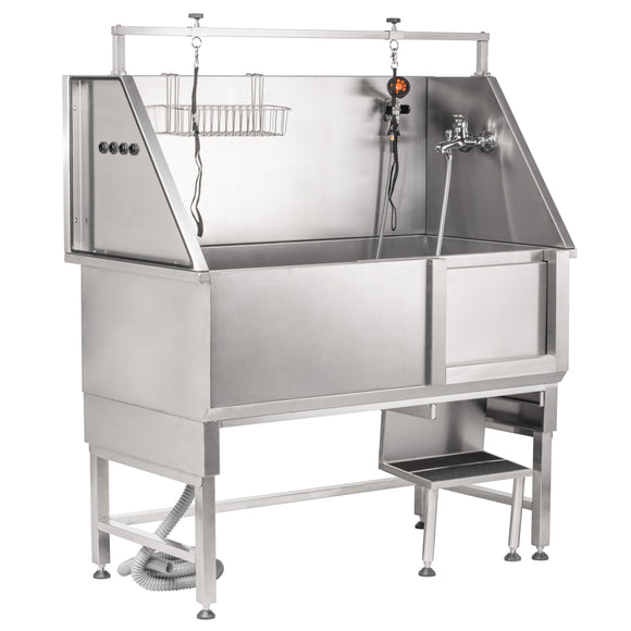 Blovi Free Standing Stainless Bath – Steel Grooming Bathtub with Steps and Right Sliding Door