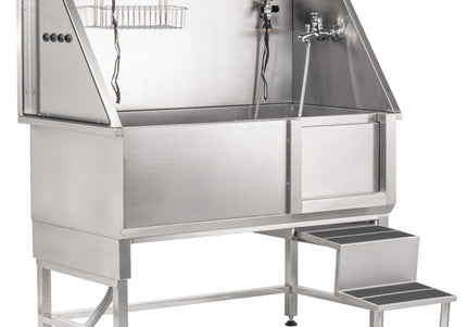 Blovi Free Standing Stainless Bath – Steel Grooming Bathtub with Steps and Right Sliding Door