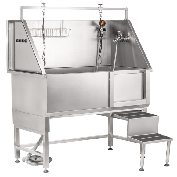 Blovi Free Standing Stainless Bath – Steel Grooming Bathtub with Steps and Right Sliding Door