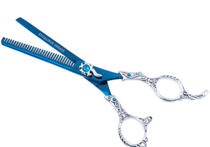 Excalibur Shears Poseidon Blue Thinner 6.5" – Single-Sided Thinning Shears, 32 Notches, Elegant Design