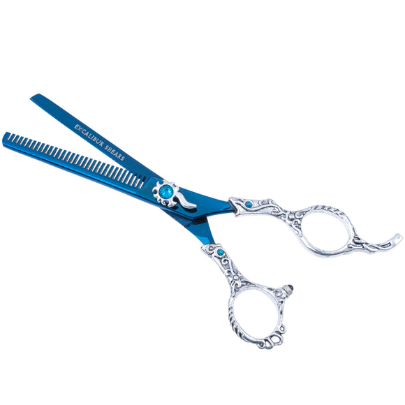 Excalibur Shears Poseidon Blue Thinner 6.5" – Single-Sided Thinning Shears, 32 Notches, Elegant Design