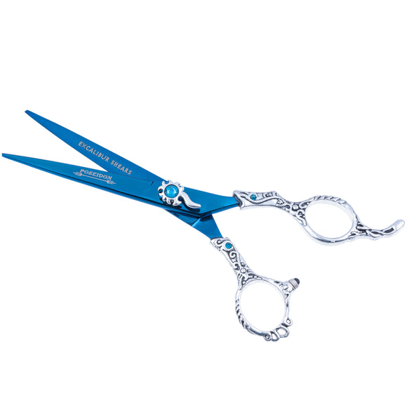 Excalibur Shears Blue Poseidon 6.5" Straight Scissors – High-Quality, Elegantly Decorated