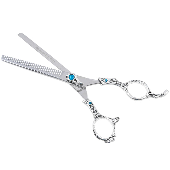 Excalibur Shears Poseidon Blue Thinner 6.5" – Single-Sided Thinning Shears, 32 Notches, Elegant Design