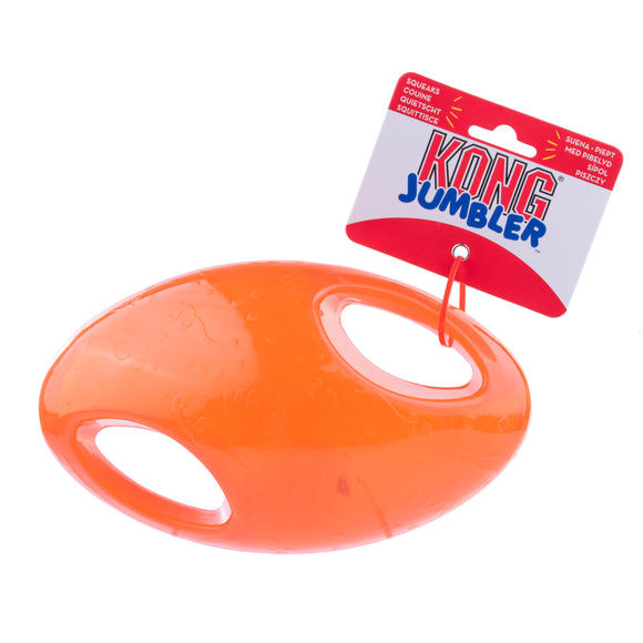 KONG Jumbler Football L/XL – Extra Large Red Ball Toy with Handles and Squeaker, Durable Design