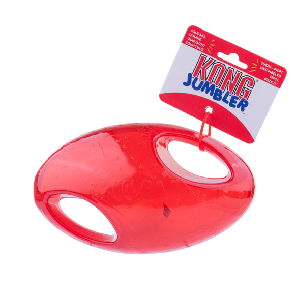 KONG Jumbler Football L/XL – Extra Large Red Ball Toy with Handles and Squeaker, Durable Design