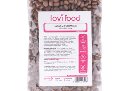 Lovi Food Salmon and Trout Grain-Free Recipe – 100g Sample with Sweet Potatoes and Asparagus