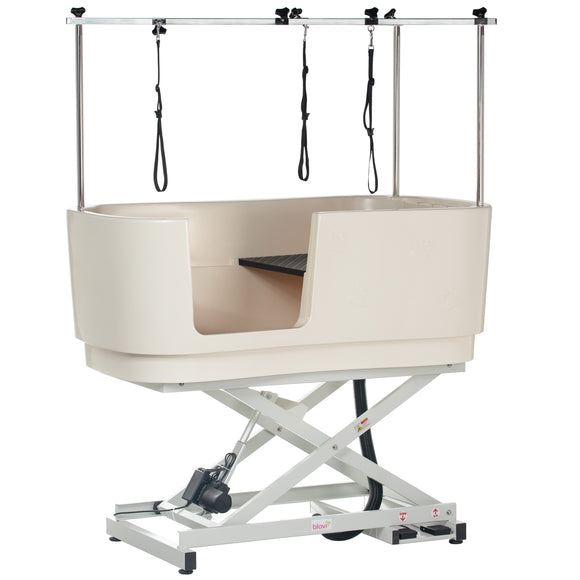 Blovi Electric Dog Bath – Large Solid Grooming Tub with Electric Lift and Double-Sided Boom, White-Ecru