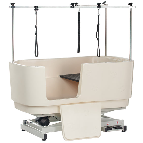 Blovi Electric Dog Bath – Large Solid Grooming Tub with Electric Lift and Double-Sided Boom, White-Ecru