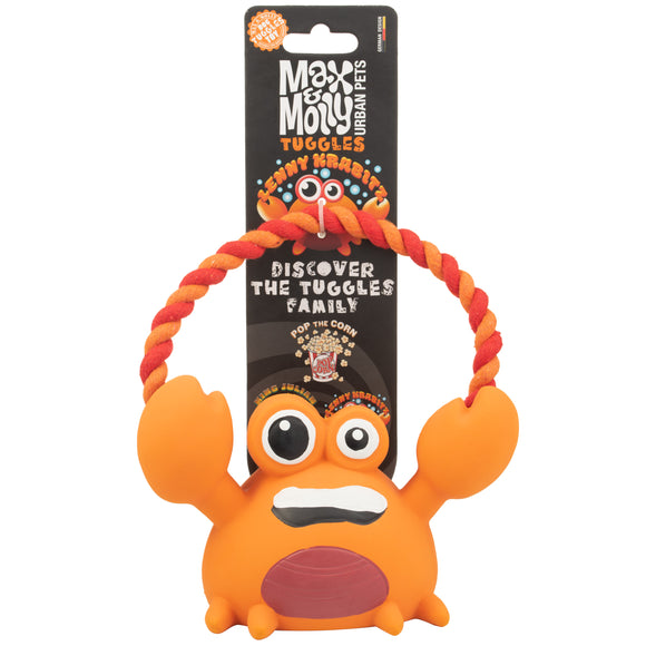 Max&Molly Lenny Krabitz Dog Toy – Durable Latex Crab with Rope and Squeaker