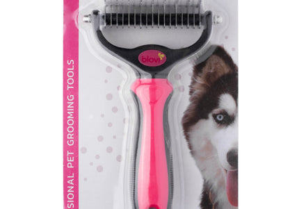Blovi Double Undercoat Rake – Dual-Sided 7.5cm Grooming Tool, Pink, Ergonomic Handle