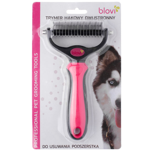 Blovi Double Undercoat Rake – Dual-Sided 7.5cm Grooming Tool, Pink, Ergonomic Handle