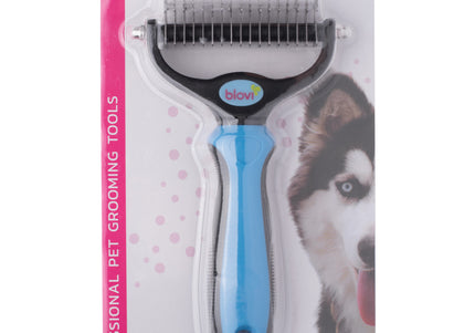 Blovi Double Undercoat Rake – Dual-Sided Grooming Tool, 7.5cm, Blue Handle