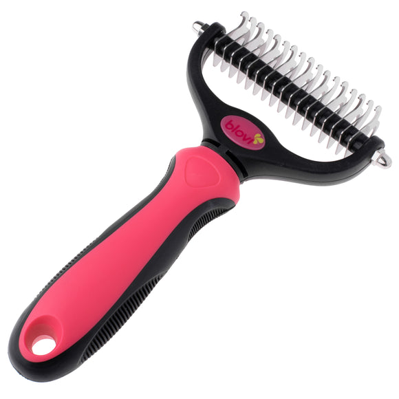 Blovi Double Undercoat Rake – Dual-Sided 7.5cm Grooming Tool, Pink, Ergonomic Handle