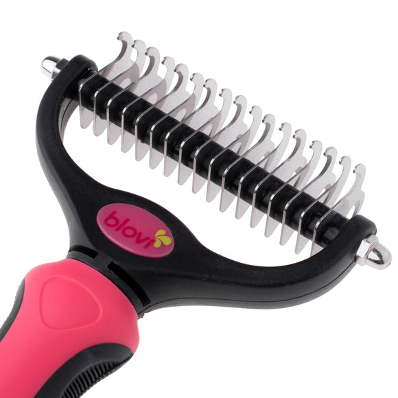 Blovi Double Undercoat Rake – Dual-Sided 7.5cm Grooming Tool, Pink, Ergonomic Handle
