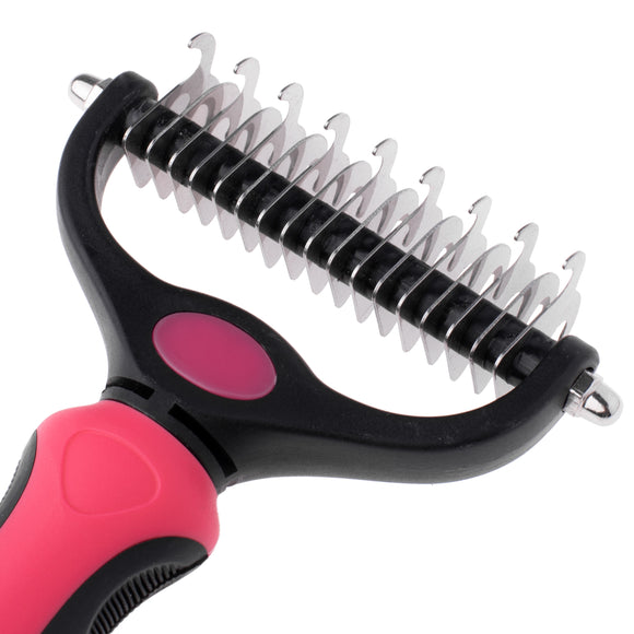 Blovi Double Undercoat Rake – Dual-Sided 7.5cm Grooming Tool, Pink, Ergonomic Handle