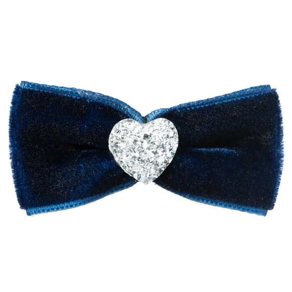 Blovi Bow Velvet Grooming Bow – Navy Blue, Soft Velvet with Heart Accent