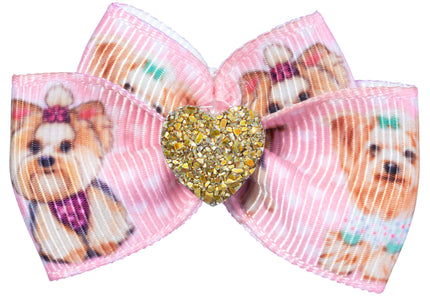 Blovi Bow Glamour Yorkie Bow – Decorative Satin Accessory with Gold Heart Accent