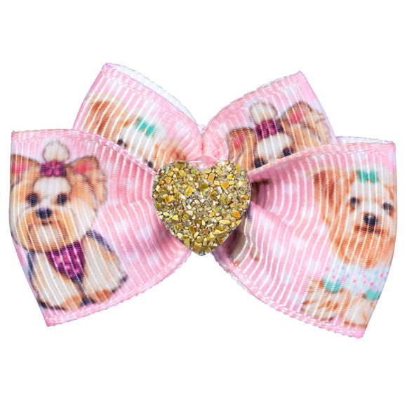 Blovi Bow Glamour Yorkie Bow – Decorative Satin Accessory with Gold Heart Accent