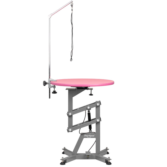 Shernbao Air Lift Grooming Table – 60cm Swivel Top, Pneumatic Height Adjustment, Pink