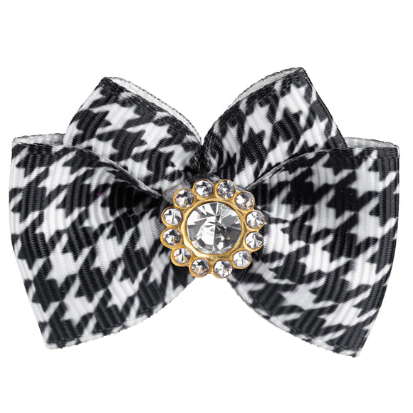 Blovi Bow Glamour Handmade Houndstooth Bow with Decorative Stone, White Accent