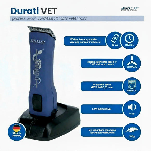 Aesculap Durati VET Cordless Veterinary Clipper – Professional Razor with #40 Blade, Blue