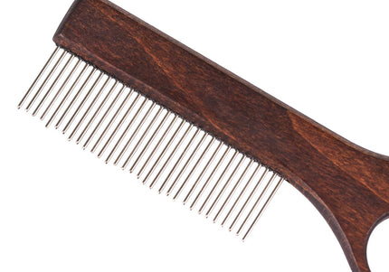 Blovi Brown Wood Grooming Comb 25cm – Rotating Teeth and Finger Hole, Ergonomic Design