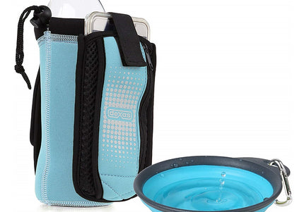 Dexas Neoprene Bottle Cover – Turquoise with Extra Pocket and Foldable Dog Bowl Attachment