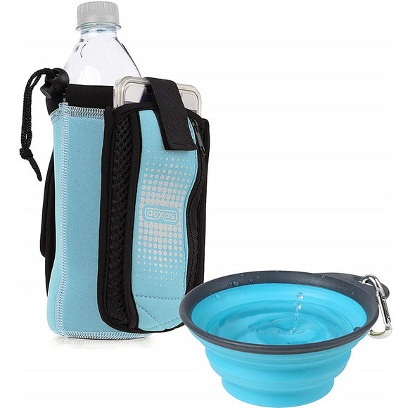 Dexas Neoprene Bottle Cover – Turquoise with Extra Pocket and Foldable Dog Bowl Attachment