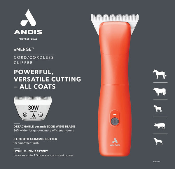 Andis eMERGE Professional Single-Speed Clipper – Built-In Battery, Wide CeramicEdge Blade 0.5mm