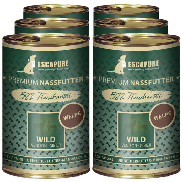 Escapure Puppy Wild Wet Food – Game and Rabbit with Vegetables and Fruits, 6x400g Pack