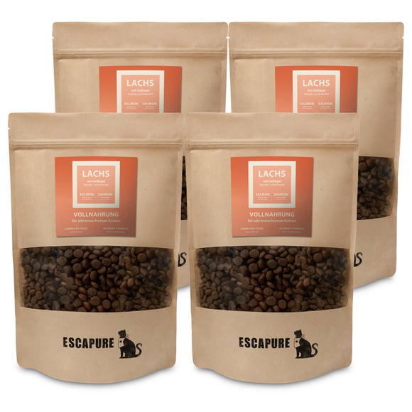 Escapure Trockenfutter Lachs mit Geflügel – Complete Adult Cat Dry Food, Salmon and Poultry, 4x600g