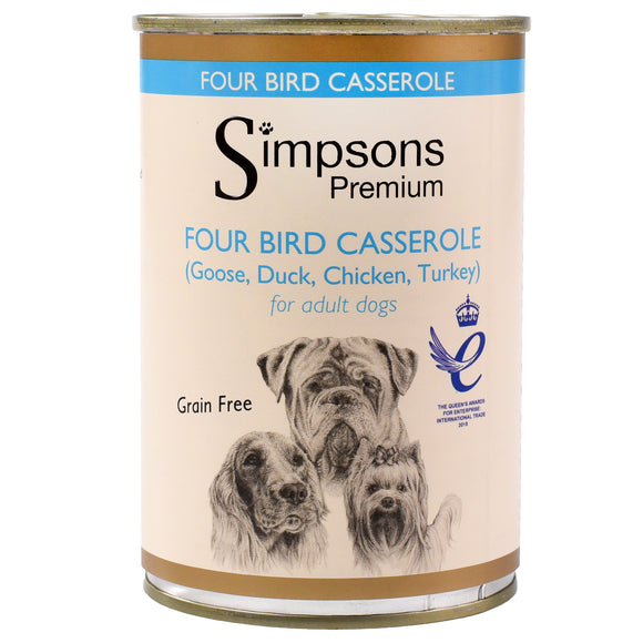 Simpsons Premium Four Bird Casserole Wet Dog Food – Grain-Free Poultry and Vegetable Recipe, 400g