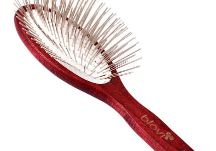 Blovi Red Wood Pin Brush – Large Soft Wooden Body with Long 30mm Metal Pins, Gentle Detangling