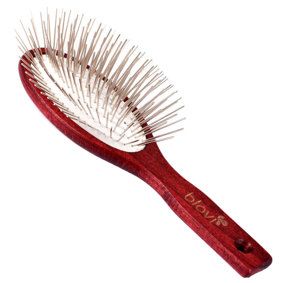 Blovi Red Wood Pin Brush – Large Soft Wooden Body with Long 30mm Metal Pins, Gentle Detangling