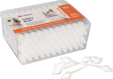 Flamingo Petcare Safety Buds – Gentle Ear Cleaning Sticks, 55 Pack, Soft Cotton Tips