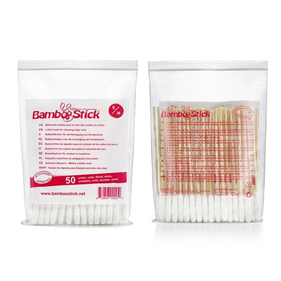 BambooStick S/M Ear Cleaning Sticks – Gentle Cotton Tips, 50 Pack for Small Breeds