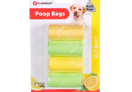Flamingo Lemon Scented Poop Bags – Durable Leak-Resistant Mix, 4 Rolls of 15 Bags Each