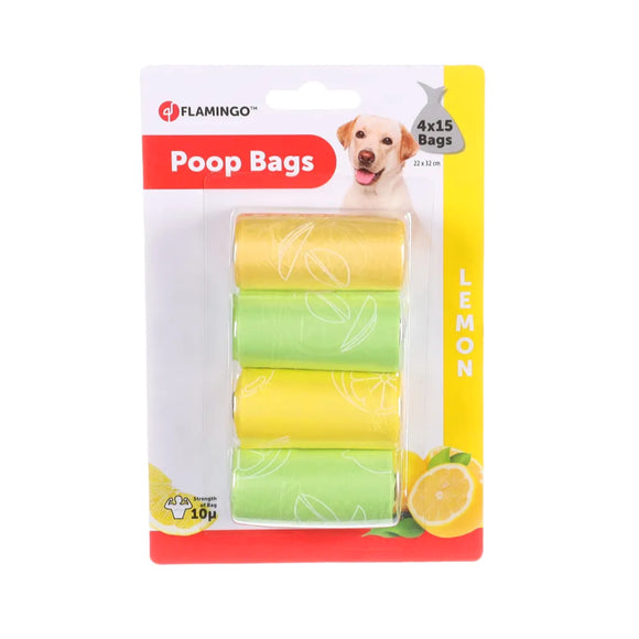 Flamingo Lemon Scented Poop Bags – Durable Leak-Resistant Mix, 4 Rolls of 15 Bags Each